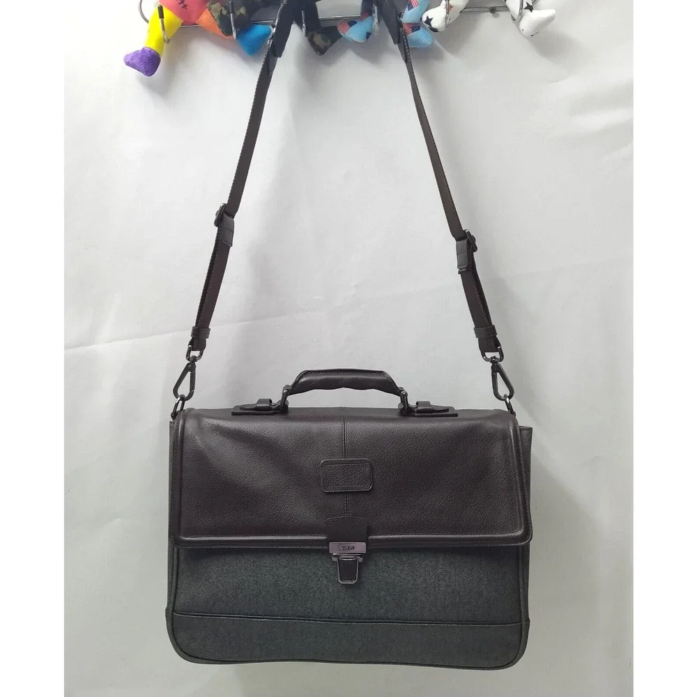Tumi Brown Leather Gray Canvas Pushlock Laptop Briefcase Business Crossbody Bag